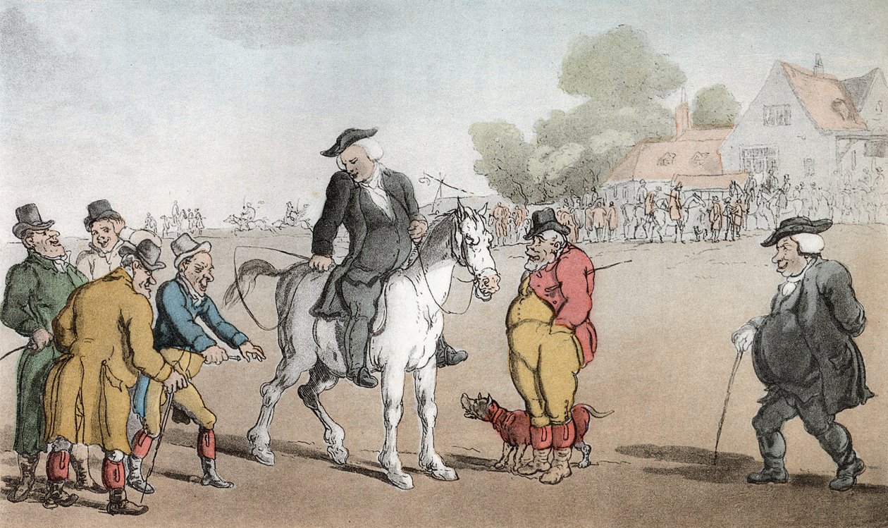 Vicaren som säljer sin häst, illustration från "The Vicar of Wakefield" av Oliver Goldsmith, pub. Ackermann, 1817 (handfärgad akvatint) av Thomas Rowlandson