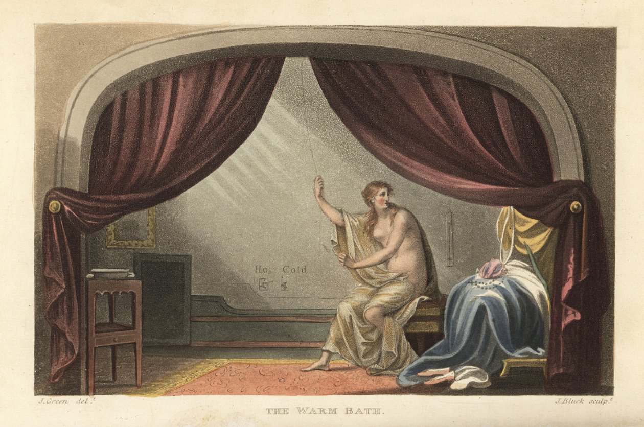 The Warm Bath: naken kvinna som tar ett bad bakom gardiner i ett Regency-rum. Sägs vara ett porträtt av Mary Robinson, älskarinna till kung George IV. Handkolorerad kopparstick av Thomas Rowlandson, akvatint av J. Bluck, efter en skiss av J. Green från P av Thomas Rowlandson