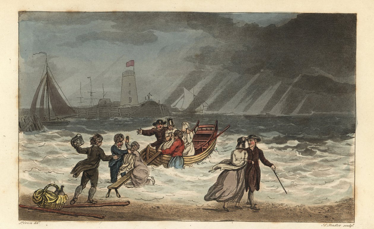 Vattenfesten: turister överger en sjöresa på grund av dåligt väder. Handkolorerad kopparstick av Thomas Rowlandson, akvatint av J.C. Stadler, efter en skiss av J. Green från Poetical Sketches of Scarborough, Ackermann, London av Thomas Rowlandson