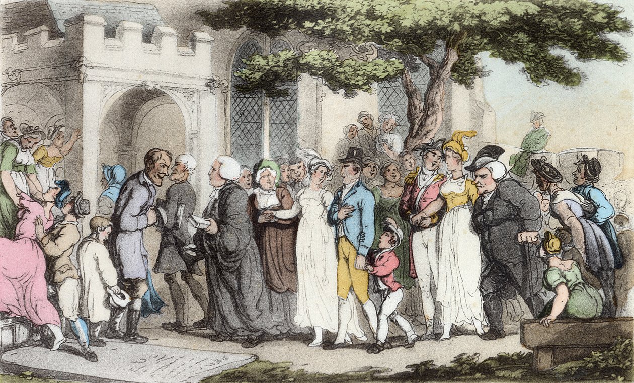 Bröllopet, illustration från "The Vicar of Wakefield" av Oliver Goldsmith, pub. Ackermann, 1817 (handfärgad akvatint) av Thomas Rowlandson