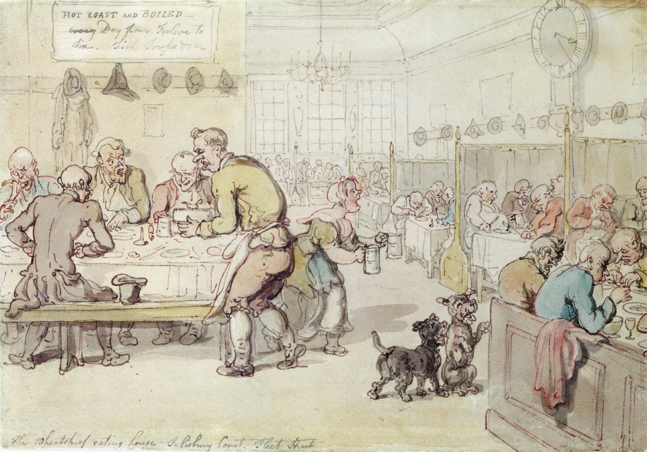 The Wheatshief Eating House, Salisbury Court, Fleet Street (bläck och wc på papper) av Thomas Rowlandson