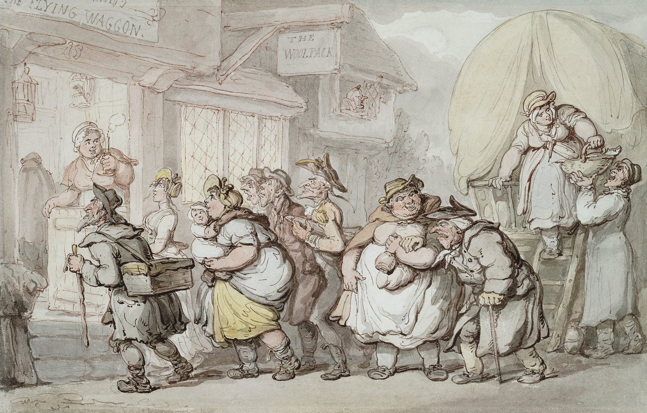 The Woolpack Inn: Ankomsten av "The Flying Waggon", av Thomas Rowlandson