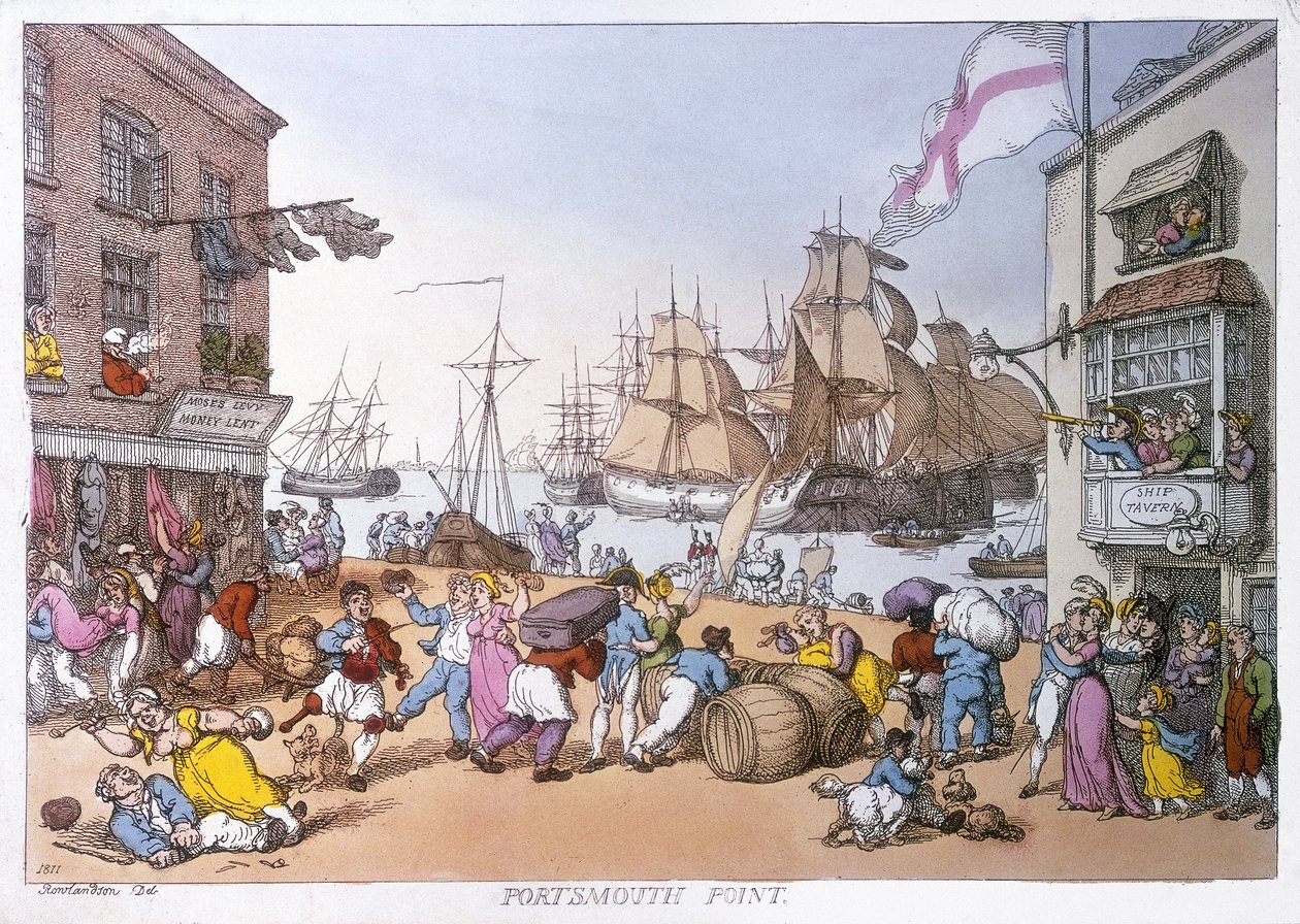 Distriktet Portsmouth, skämtteckning som beskriver verksamheten i denna engelska hamn av Thomas Rowlandson