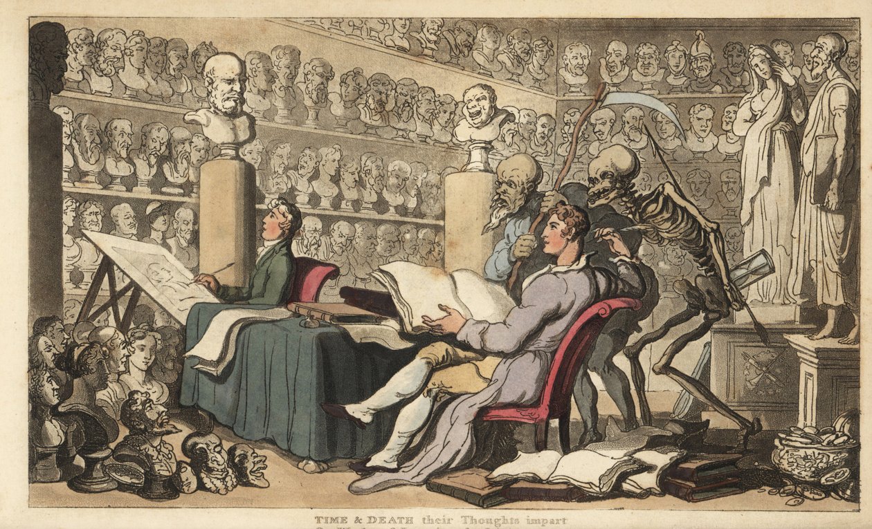 Figurerna Tid med lie och Döden med sitt spjut och timglas står bakom en konstnär med en penna i en ateljé fylld med klassiska byster och skulpturer. Handkolorerad kopparplåt tecknad och graverad av Thomas Rowlandson från The Eng av Thomas Rowlandson