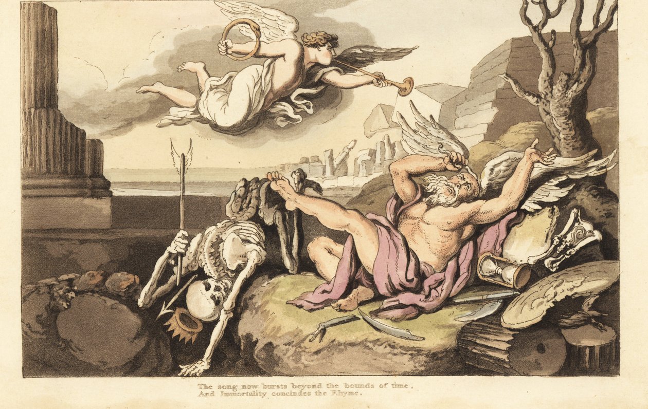 Dödens och Faderns skelett sprider sig under Evighetens ängel. Handfärgad kopparplåt tecknad och graverad av Thomas Rowlandson från The English Dance of Death, Ackermann, London av Thomas Rowlandson