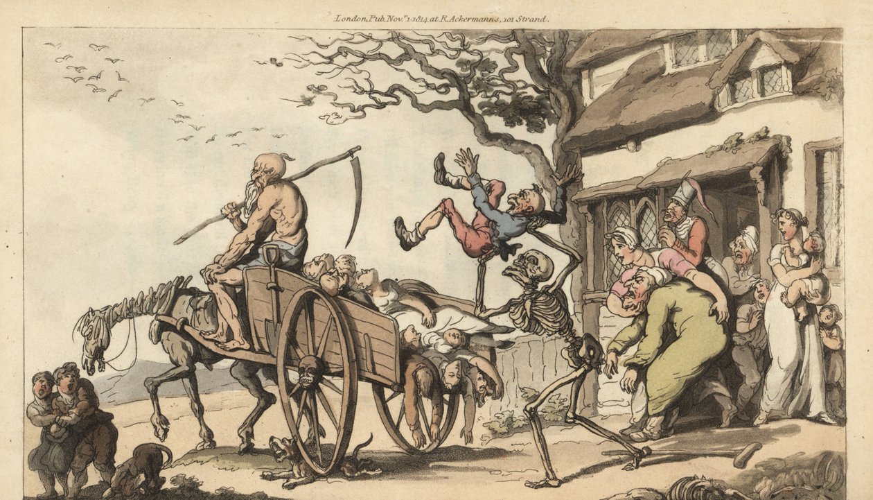 Dödens och den gamles skelett Det är dags att ta Goody Bartons gamla man, men vagnen är redan för full med lik. Handfärgad kopparplåt tecknad och graverad av Thomas Rowlandson från The English Dance of Death, Ackermann, London av Thomas Rowlandson