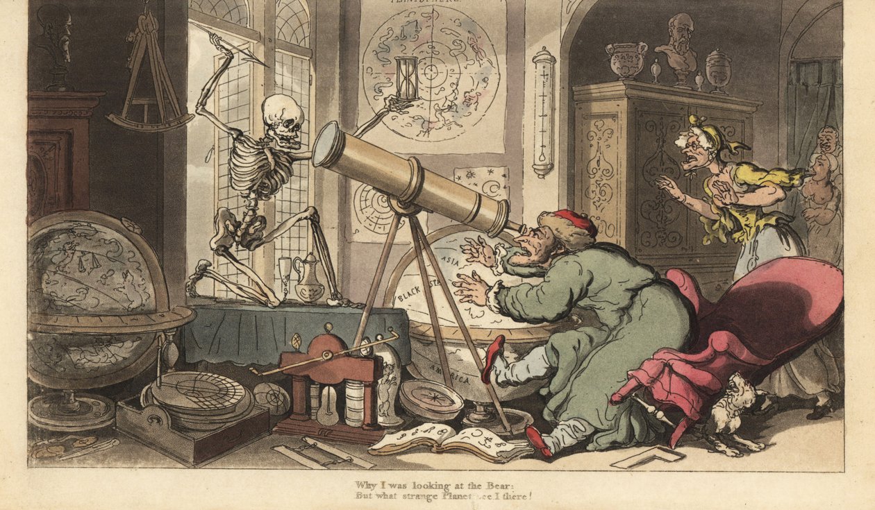 Dödens skelett dyker upp framför den gamle astronomens teleskop, vilket får honom att falla ur stolen. Handfärgad kopparplåt tecknad och graverad av Thomas Rowlandson från The English Dance of Death, Ackermann, London av Thomas Rowlandson
