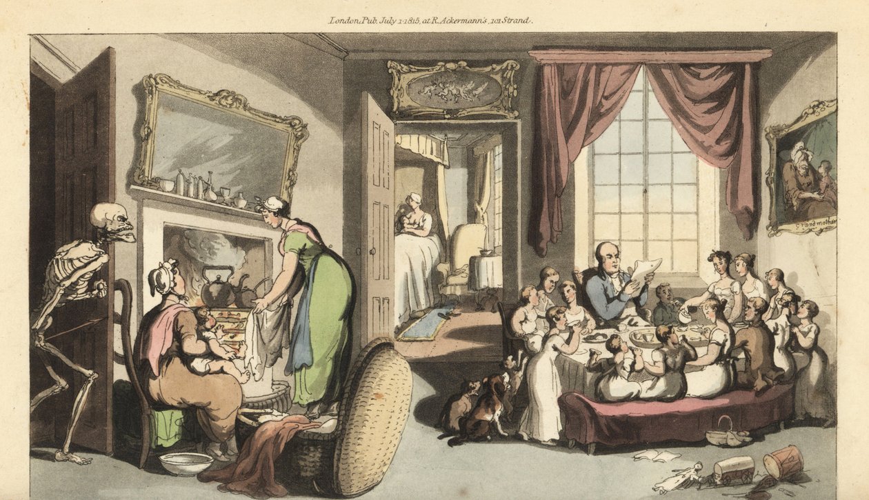 Dödens skelett dyker upp i vardagsrummet i en stor familj för att ta ett barn eller nyfödd bebis. Handfärgad kopparplåt tecknad och graverad av Thomas Rowlandson från The English Dance of Death, Ackermann, London av Thomas Rowlandson