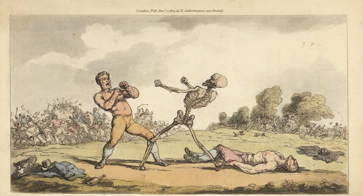 Skelettet av Döden boxas med en barknuckle prisfighter medan en annan boxare ligger på marken och folkmassan flyr i skräck. Handfärgad kopparplåt tecknad och graverad av Thomas Rowlandson från The English Dance of Death, Ackermann, London av Thomas Rowlandson