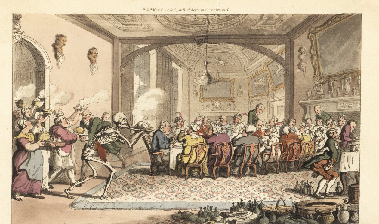 Dödens skelett tar med en ödesdiger delikat maträtt till en frossande fest i en storslagen sal. Handfärgad kopparplåt tecknad och graverad av Thomas Rowlandson från The English Dance of Death, Ackermann, London av Thomas Rowlandson