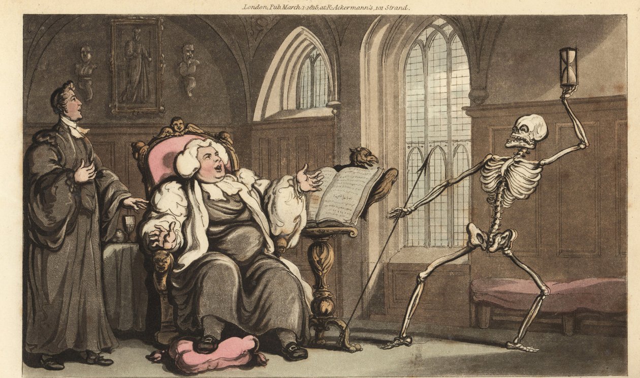 Dödens skelett kommer för biskopen i klostret, när han läser Bibeln på en talarstol och vilar sin giktfot på en kudde. Handfärgad kopparplåt tecknad och graverad av Thomas Rowlandson från The English Dance of Death, Ackermann, London av Thomas Rowlandson