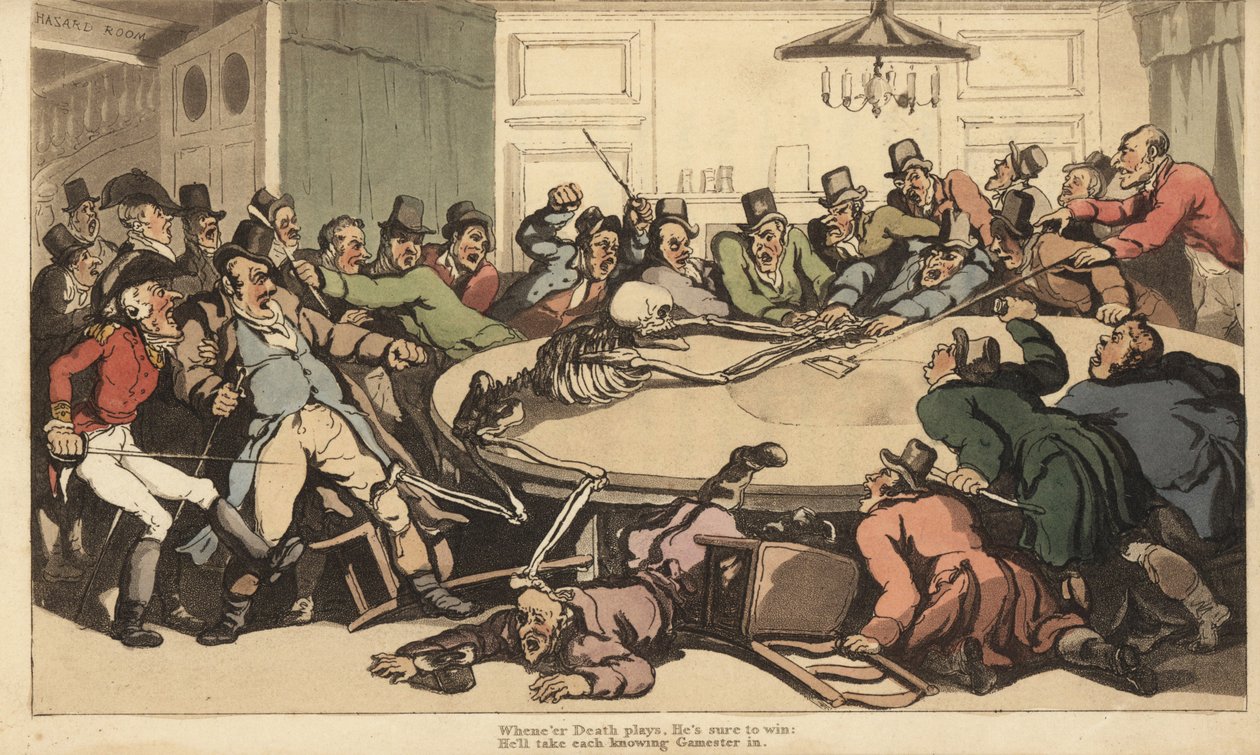 Dödens skelett slåss med gentlemän som spelar i chansrummet på en Londons spelklubb. Handfärgad kopparplåt tecknad och graverad av Thomas Rowlandson från The English Dance of Death, Ackermann, London av Thomas Rowlandson