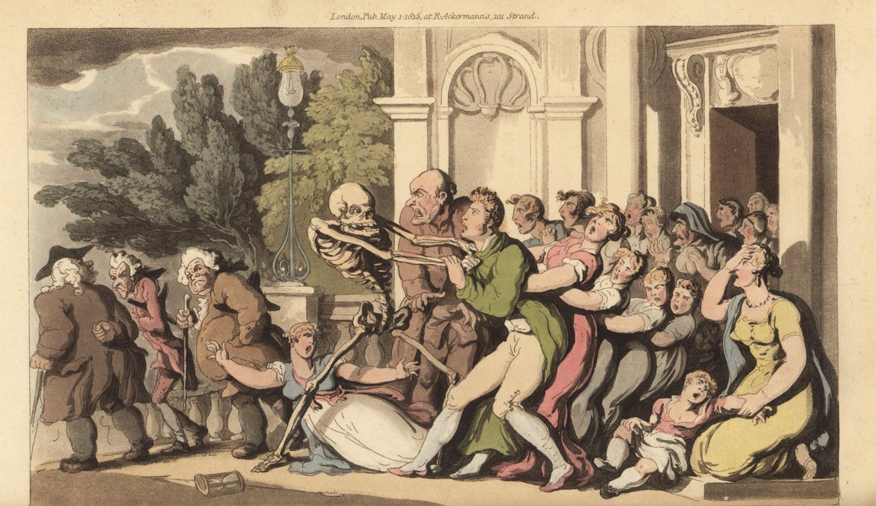 Dödens skelett tar tag i en far i kragen, medan hans fru och barn desperat försöker rädda honom. Handfärgad kopparplåt tecknad och graverad av Thomas Rowlandson från The English Dance of Death, Ackermann, London av Thomas Rowlandson