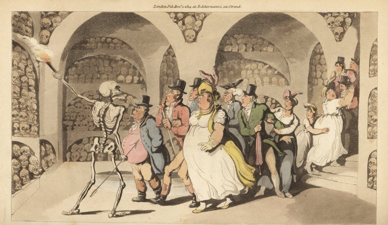 Dödens skelett guidar en grupp turister genom katakomberna i Paris. Handfärgad kopparplåt tecknad och graverad av Thomas Rowlandson från The English Dance of Death, Ackermann, London av Thomas Rowlandson