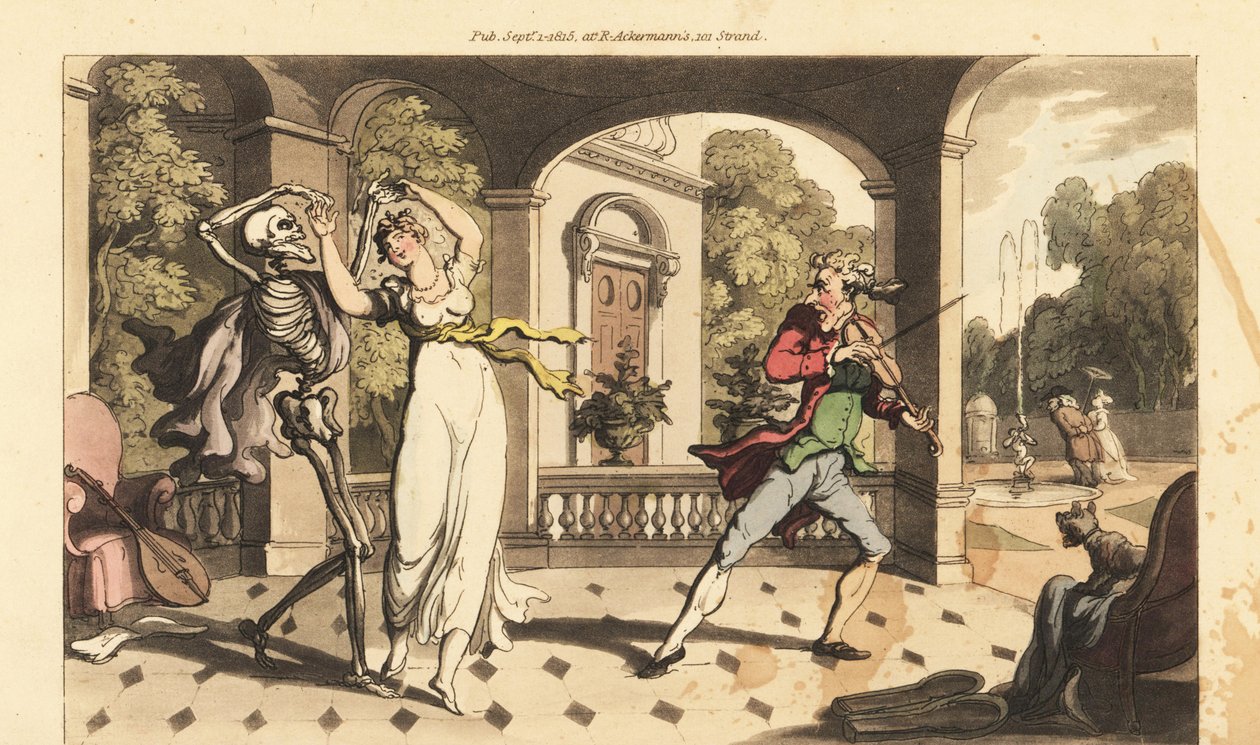 Dödens skelett i en udde dansar en sista vals med sköra Caelia, medan hennes danslärare ser bestört ut. Handfärgad kopparplåt tecknad och graverad av Thomas Rowlandson från The English Dance of Death, Ackermann, London av Thomas Rowlandson
