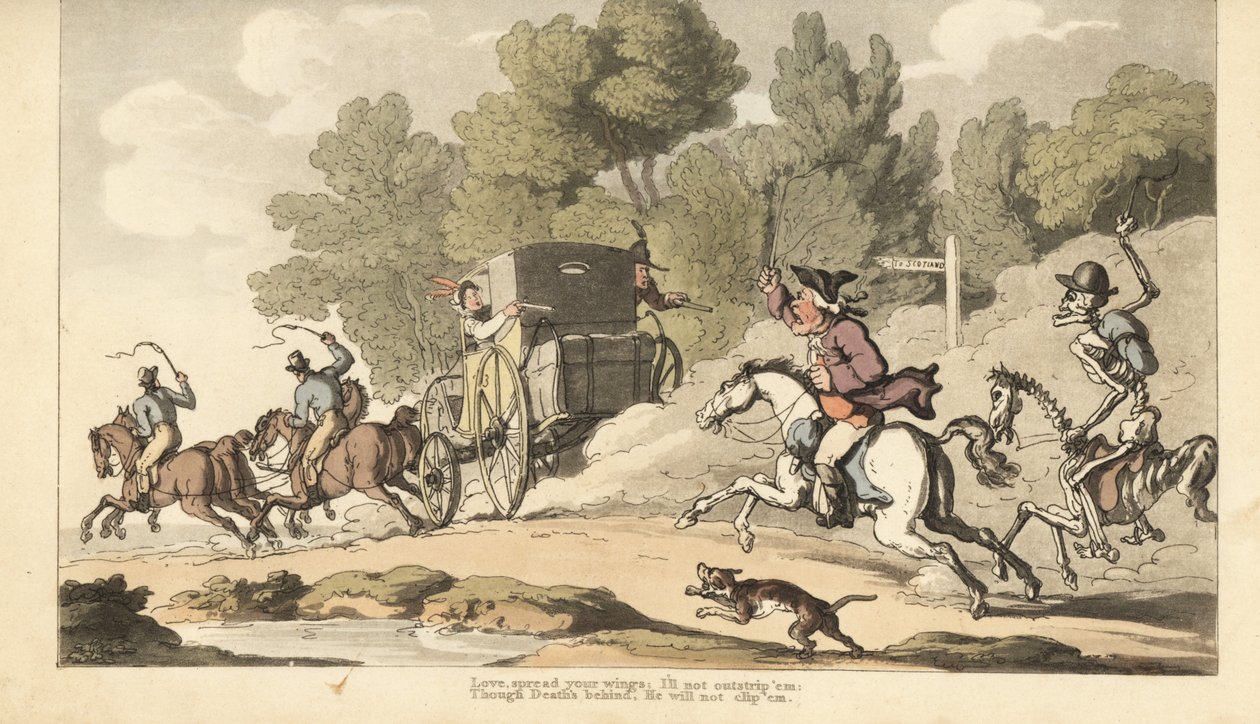 Dödens skelett förenar sig med en upprörd far när han försöker hindra sin enda dotter från att fly med en soldat i en diligens till Gretna Green. Handfärgad kopparplåt tecknad och graverad av Thomas Rowlandson från The English Dance of Death, Ackermann, Lo av Thomas Rowlandson