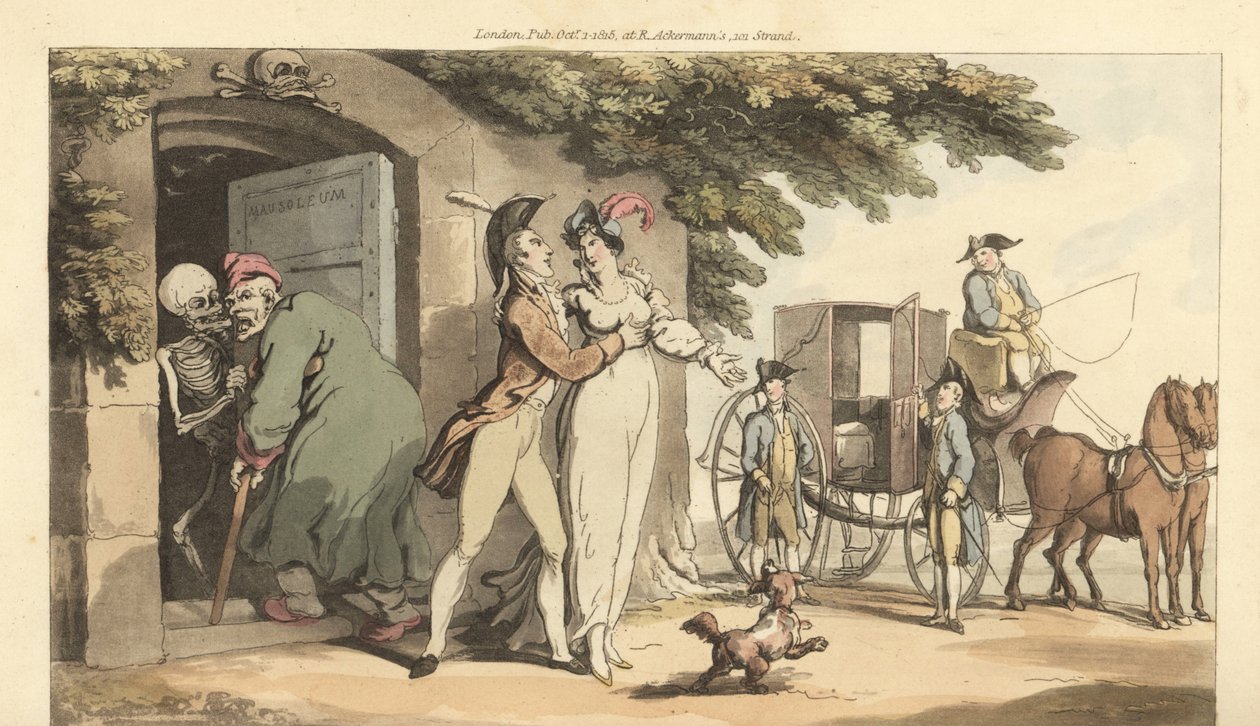 Dödens skelett leder en gammal man in i ett mausoleum och lämnar hans unga änka fri att gifta om sig. Handfärgad kopparplåt tecknad och graverad av Thomas Rowlandson från The English Dance of Death, Ackermann, London av Thomas Rowlandson