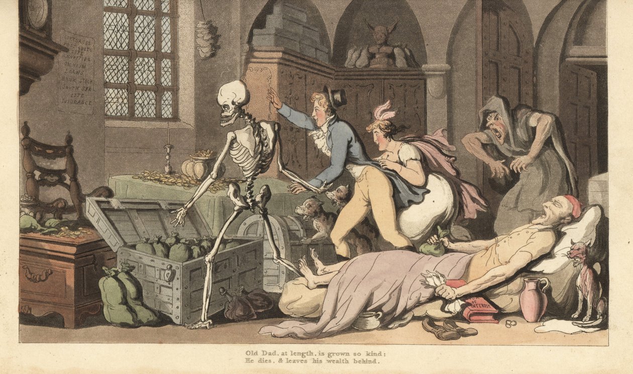 Dödens skelett leder giriga barn till guldstammen på en snålhet, som ligger död på en säng med ett testamente och en påse med pengar. Handfärgad kopparplåt tecknad och graverad av Thomas Rowlandson från The English Dance of Death, Ackermann, London av Thomas Rowlandson