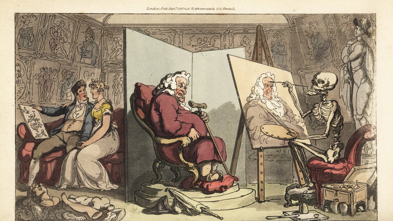 Dödens skelett målar ett porträtt av en Alderman, medan hans unga tjänarinna flirtar med en galant konstnär bakom skärmen. Handfärgad kopparplåt tecknad och graverad av Thomas Rowlandson från The English Dance of Death, Ackermann, London av Thomas Rowlandson