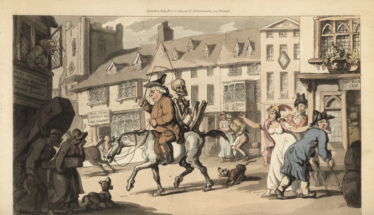 Dödens skelett rider på en häst med en kvacksalvareläkare, medan bara byns begravningsentreprenör beklagar hans död. Handfärgad kopparplåt tecknad och graverad av Thomas Rowlandson från The English Dance of Death, Ackermann, London av Thomas Rowlandson