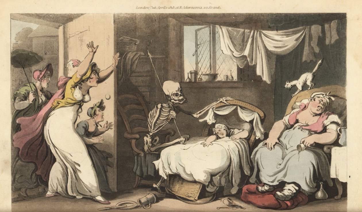 Dödens skelett vaggar en babys vagga medan barnskötaren sover och den upprörda mamman kommer hem. Handfärgad kopparplåt tecknad och graverad av Thomas Rowlandson från The English Dance of Death, Ackermann, London av Thomas Rowlandson