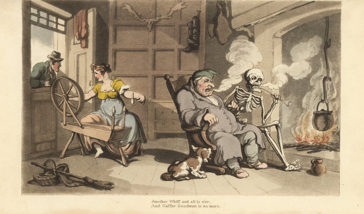 Dödens skelett röker pipa vid brasan med gamle Gaffer Goodman, medan hans unga fru förförs av en friare vid fönstret. Handfärgad kopparplåt tecknad och graverad av Thomas Rowlandson från The English Dance of Death, Ackermann, London av Thomas Rowlandson