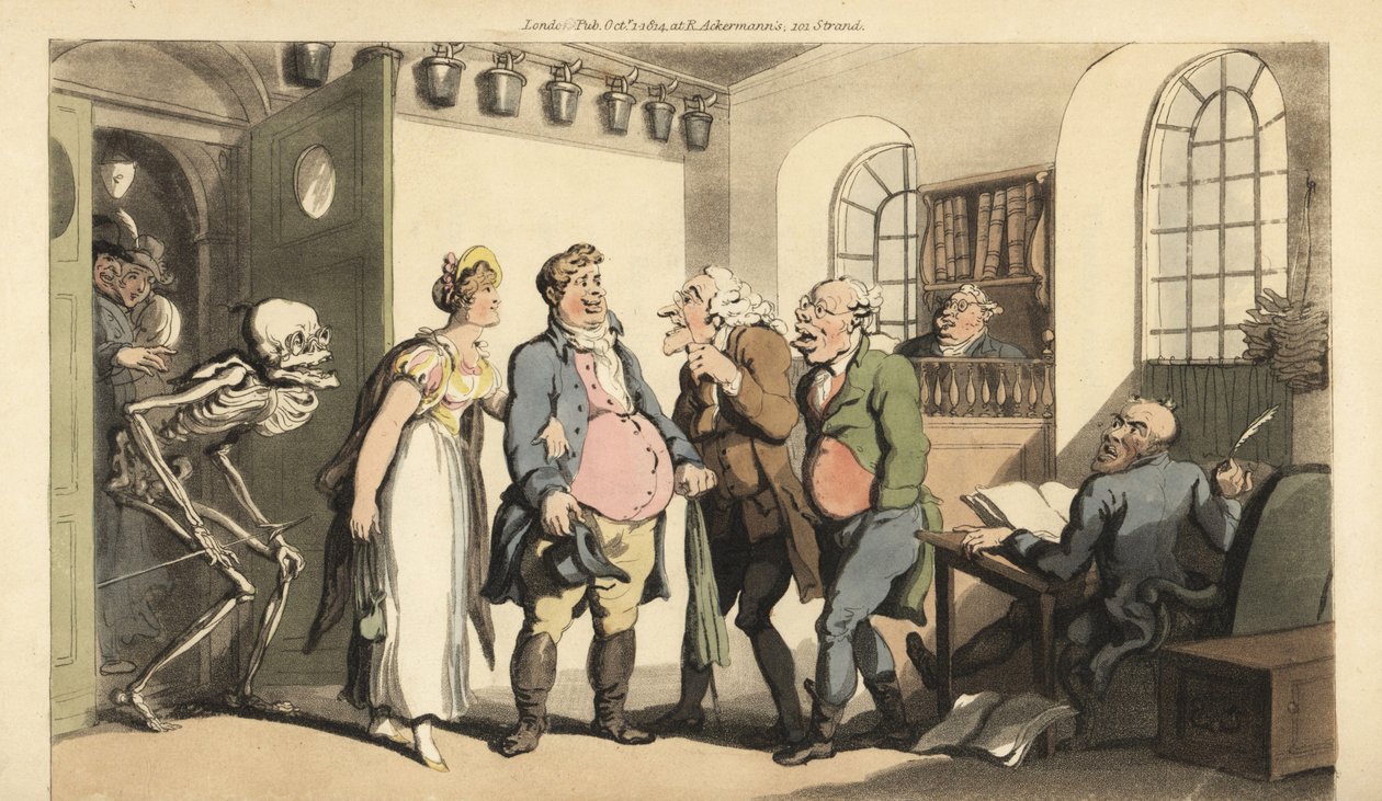 Dödens skelett överraskar Ned Freeman när han besöker försäkringskassan och lämnar sin änka med en enorm summa. Handfärgad kopparplåt tecknad och graverad av Thomas Rowlandson från The English Dance of Death, Ackermann, London av Thomas Rowlandson