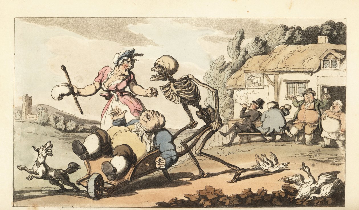 Dödens skelett tar bort den berusade Sot i en skottkärra, medan andra fyllerister gör sig glada framför The Goat pub. Handfärgad kopparplåt tecknad och graverad av Thomas Rowlandson från The English Dance of Death, Ackermann, London av Thomas Rowlandson