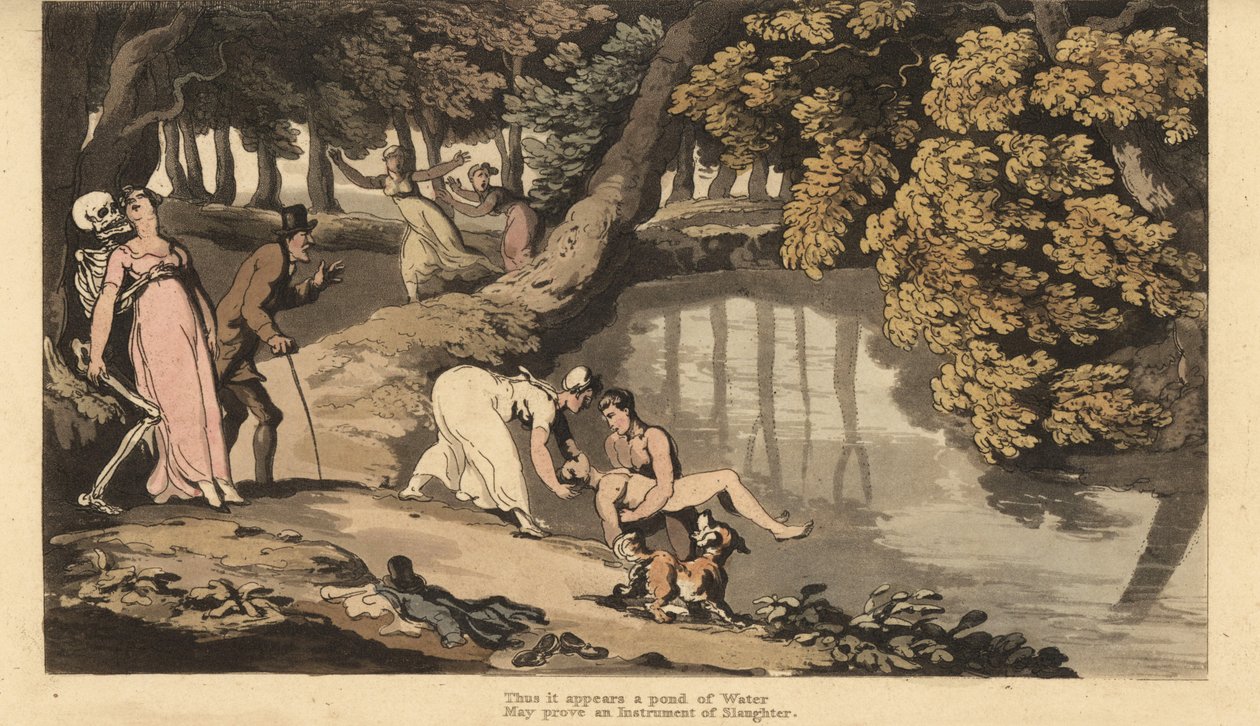 Dödens skelett tar mamman när hon ser hur hennes sons livlösa kropp dras upp ur en sjö. Handfärgad kopparplåt tecknad och graverad av Thomas Rowlandson från The English Dance of Death, Ackermann, London av Thomas Rowlandson