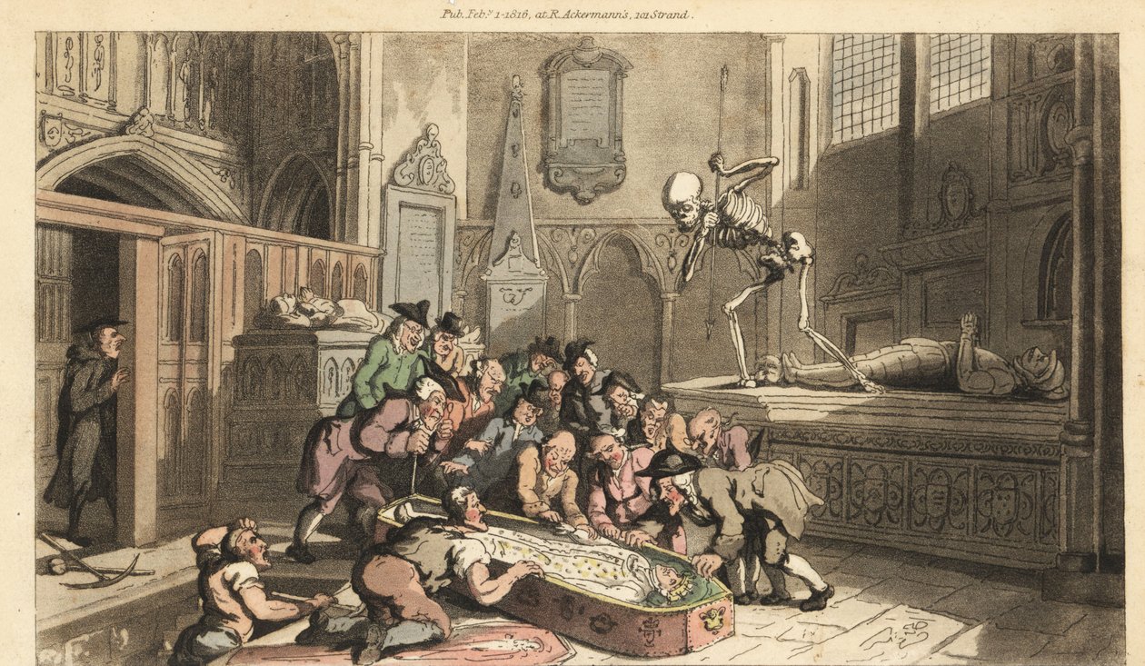 Dödens skelett ser antikvarier gräva upp en kungs lik från en krypta i en kyrka. Handfärgad kopparplåt tecknad och graverad av Thomas Rowlandson från The English Dance of Death, Ackermann, London av Thomas Rowlandson