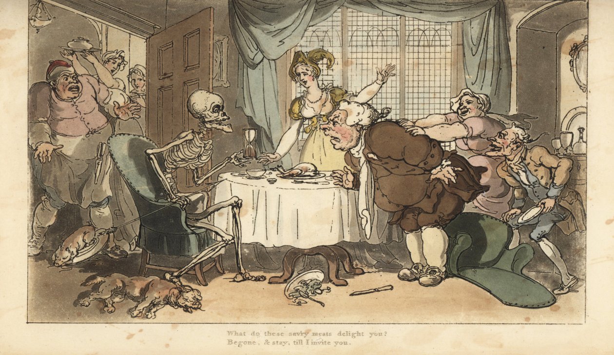 Dödens skelett med pil och timglas kommer för frossaren när han kalasar vid middagen. Handfärgad kopparplåt tecknad och graverad av Thomas Rowlandson från The English Dance of Death, Ackermann, London av Thomas Rowlandson