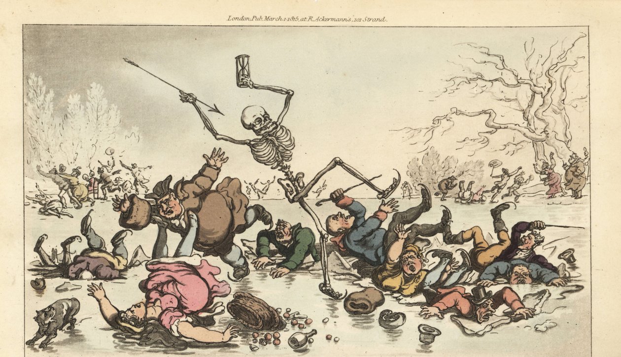 Dödens skelett med pil- och timglasåkning på en frusen damm när andra skridskoåkare faller genom den brutna isen. Handfärgad kopparplåt tecknad och graverad av Thomas Rowlandson från The English Dance of Death, Ackermann, London av Thomas Rowlandson