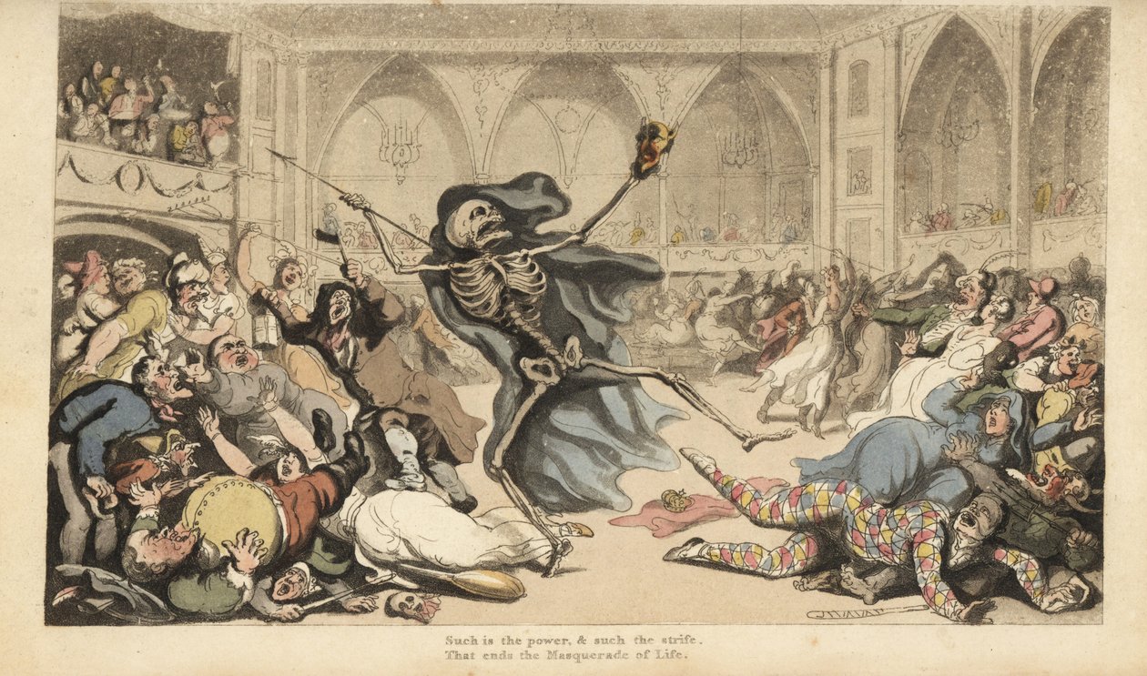 Dödens skelett med sin pil orsakar ett upplopp bland harlekiner, jockeys, nunnor, turkar och dårar på en maskeradbal. Handfärgad kopparplåt tecknad och graverad av Thomas Rowlandson från The English Dance of Death, Ackermann, London av Thomas Rowlandson
