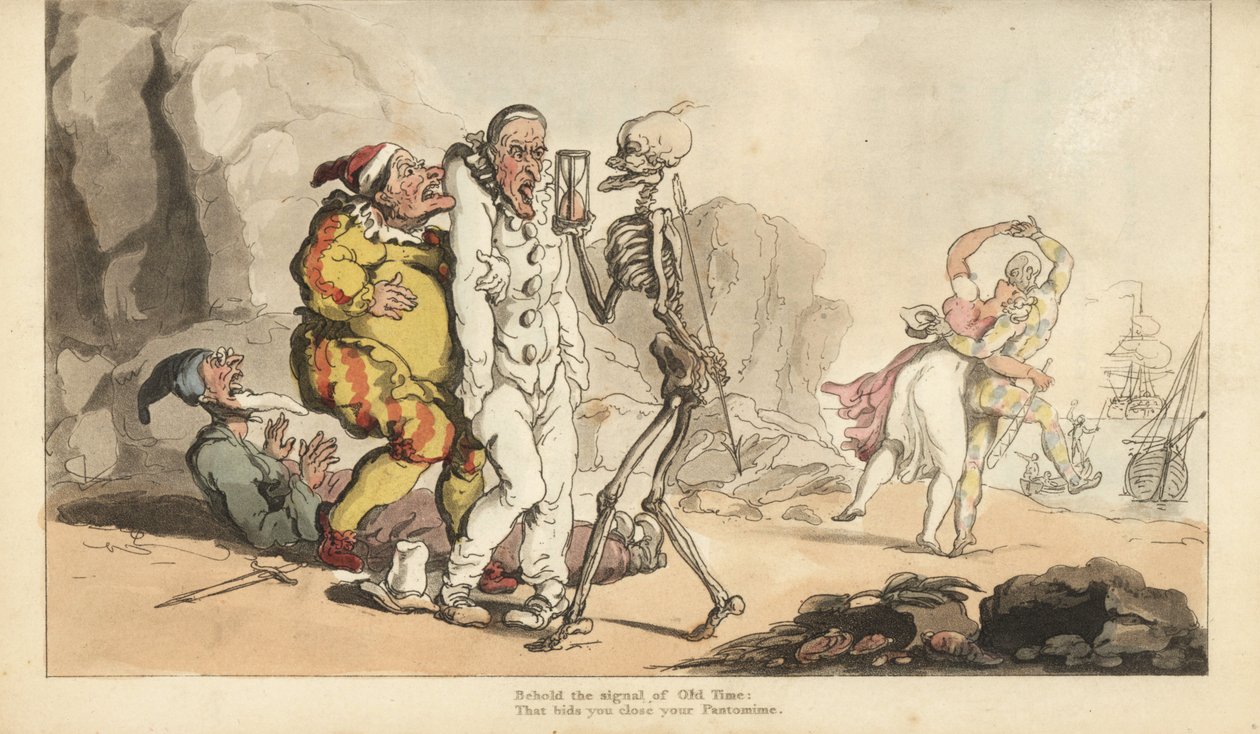 Dödens skelett med timglas och pil kommer för en Pierrot och andra clowner, medan en harlekin dansar med en kvinna på en strand. Handfärgad kopparplåt tecknad och graverad av Thomas Rowlandson från The English Dance of Death, Ackermann, London av Thomas Rowlandson