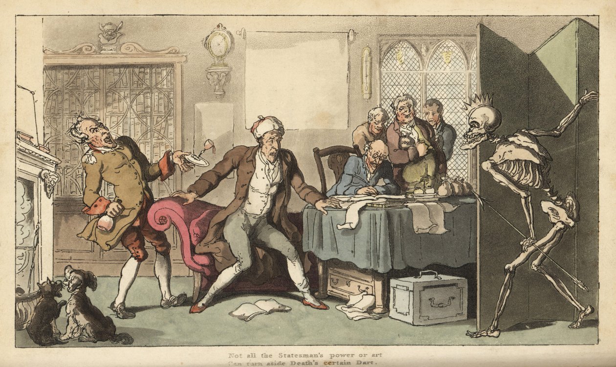 Statsmannen på hans kontor är överraskad av Dödens skelettfigur med sin krona och pil som dyker upp bakom en skärm. Handfärgad kopparplåt tecknad och graverad av Thomas Rowlandson från The English Dance of Death, Ackermann, London av Thomas Rowlandson