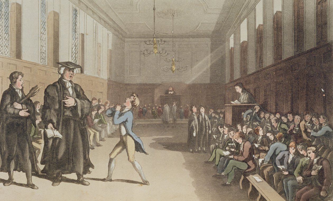 Den stränga läraren, med sin hotfulla nick, ropar in den kloka korrigeringen av staven, från A Compendious Treatise on Modern Education, 1802 (handfärgad etsad platta) av Thomas Rowlandson