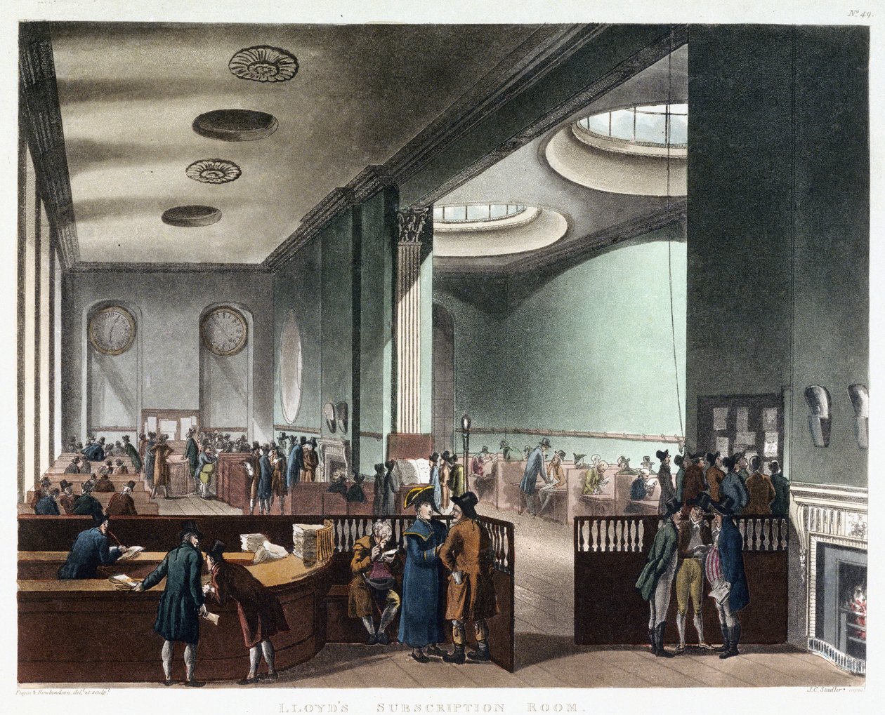 Underwriting-rummet hos Lloyd of London, ett försäkringsbolag som började sin verksamhet i Edward Lloyds (död 1713) kafé på Tower Street i London, England, på 1600-talet av Thomas Rowlandson