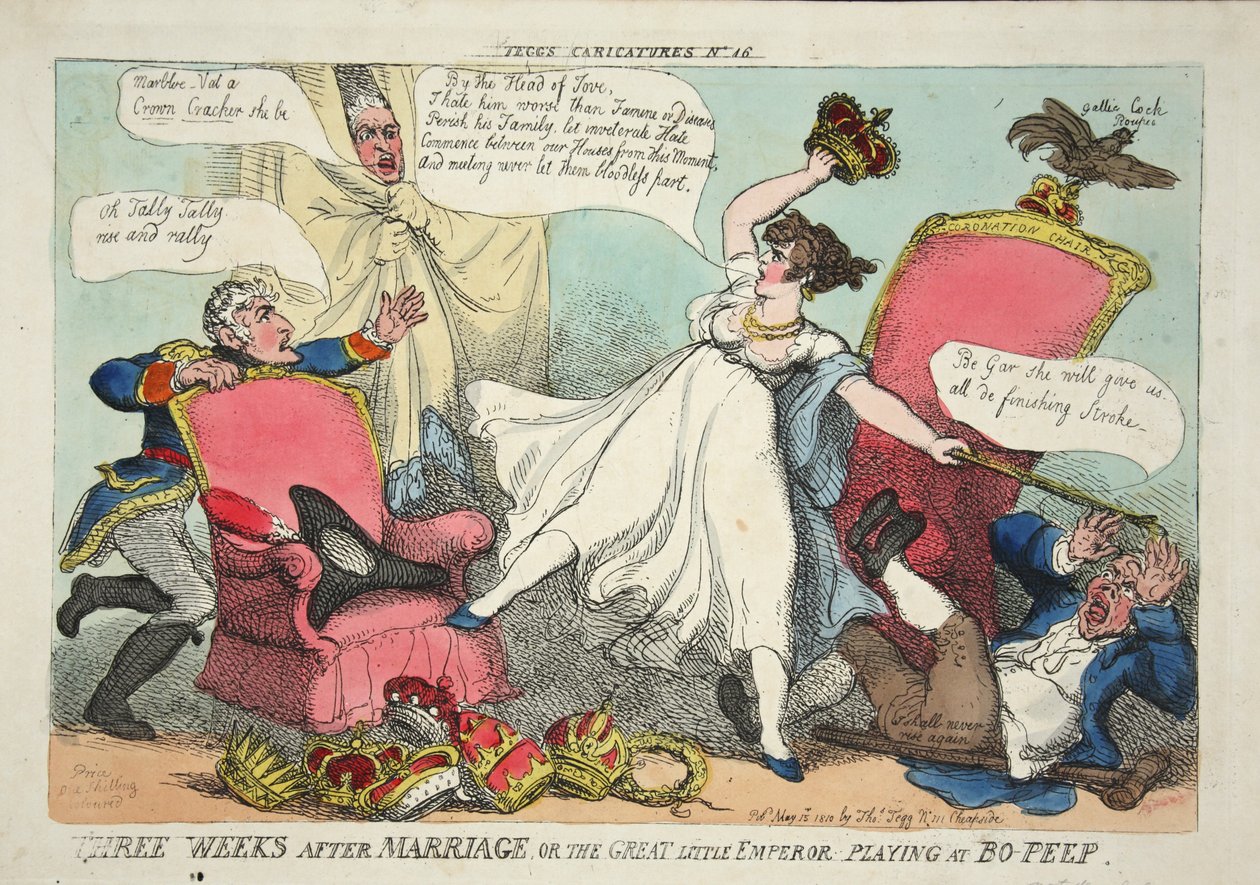 Tre veckor efter äktenskapet, eller den store lilla kejsaren som spelar Bo-Peep, pub. 1810 (handfärgad gravyr) av Thomas Rowlandson