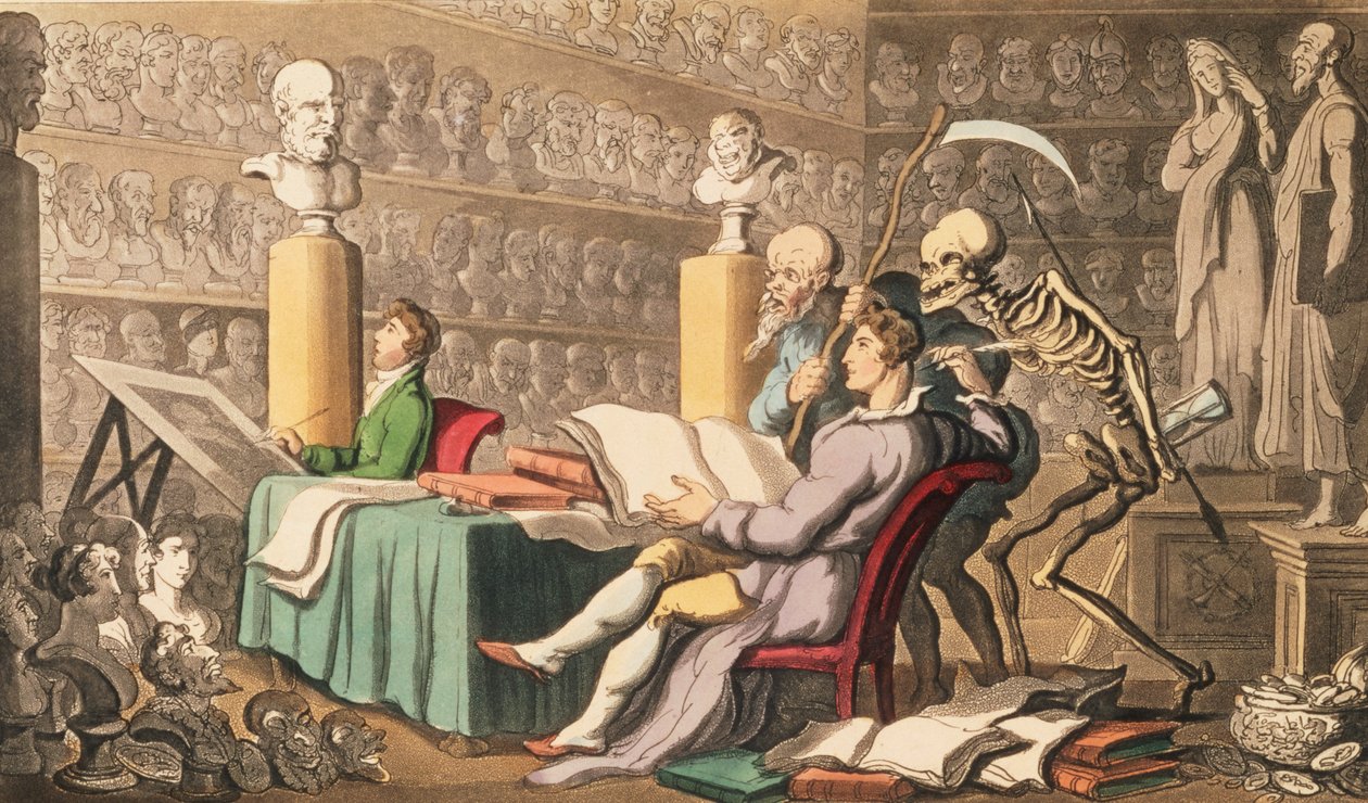 Tid och död, deras tankar förmedlar lärande och konstverk, från puben "English Dance of Death". av Rudolph Ackermann (1764-1834) 1814 (akvatint) av Thomas Rowlandson