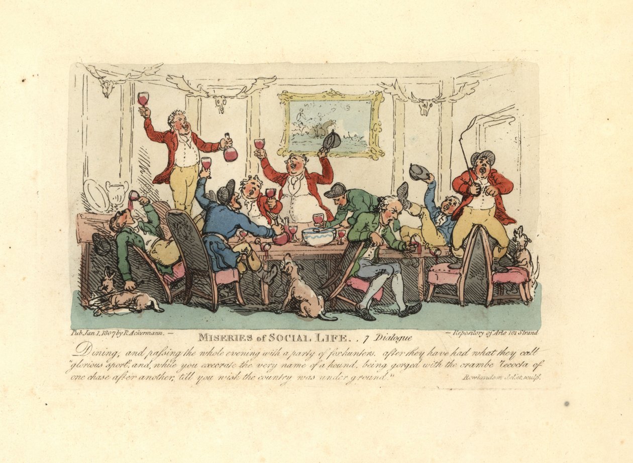 Trött och berusad man på en häftig middag med rävjägare. av Thomas Rowlandson