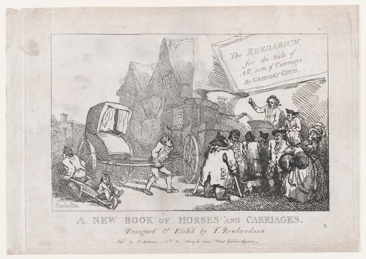 Titelsida: En ny bok med hästar och vagnar, eller, Rhedarium för försäljning av alla slag..., 1784. av Thomas Rowlandson