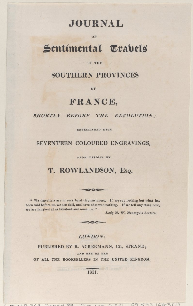 Titelsida, från Journal of Sentimental Travels in the Southern Provinces of France, Shor..., 1821. av Thomas Rowlandson