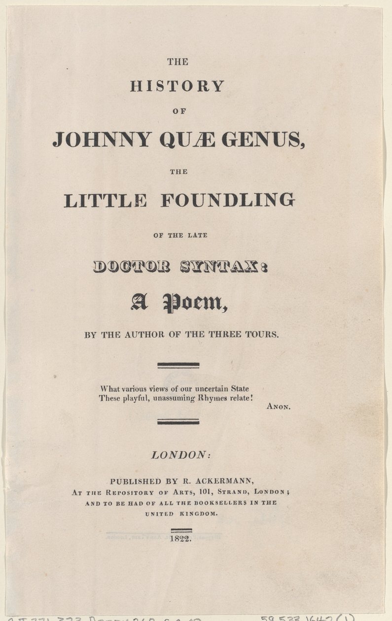 Titelsida, från The History of Johnny Quae Genus, The Little Foundling of the Late Docto..., 1822. av Thomas Rowlandson