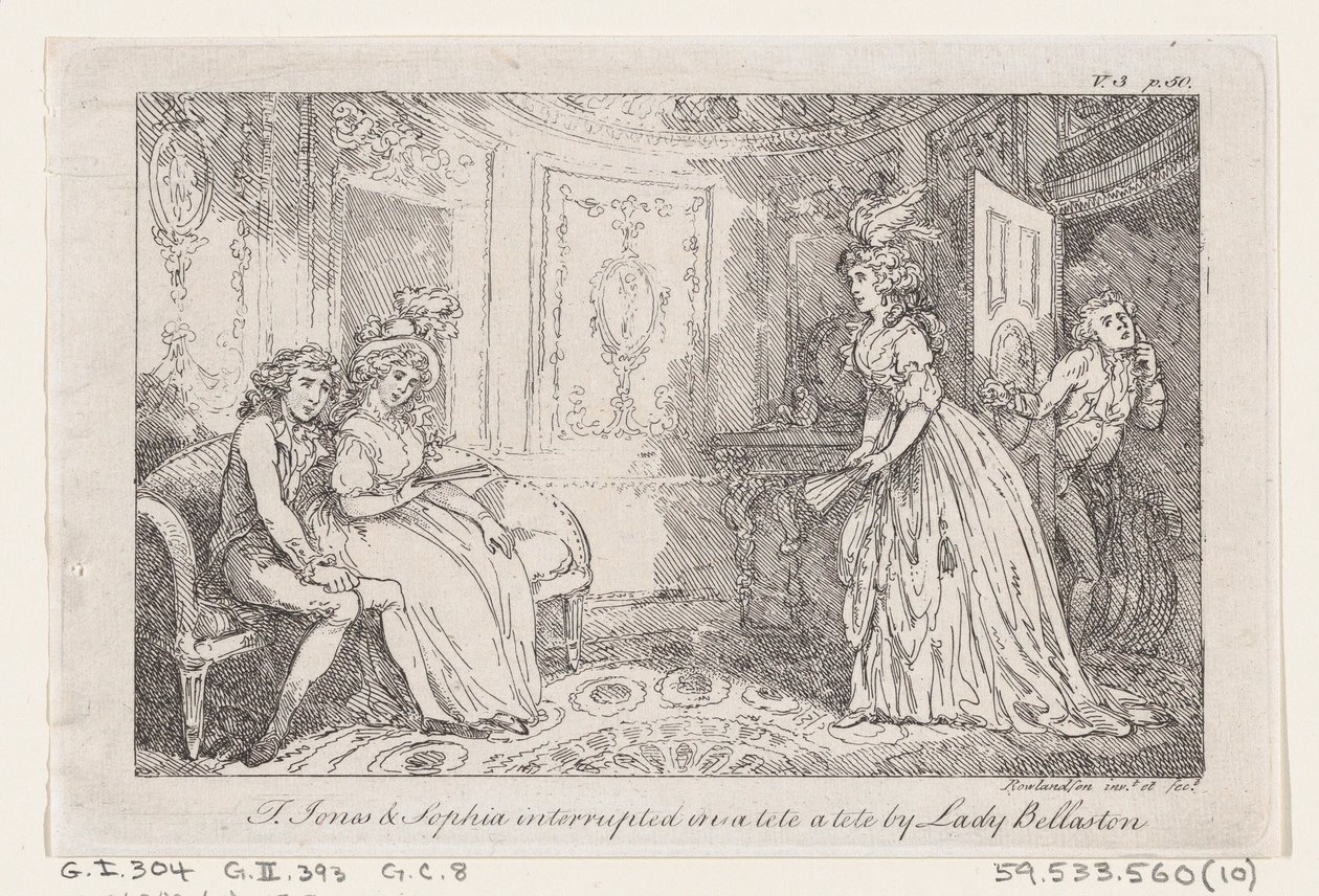 Tom Jones & Sophia avbröt i en tete en tete av Lady Bellaston, från The History of To..., 1792. av Thomas Rowlandson