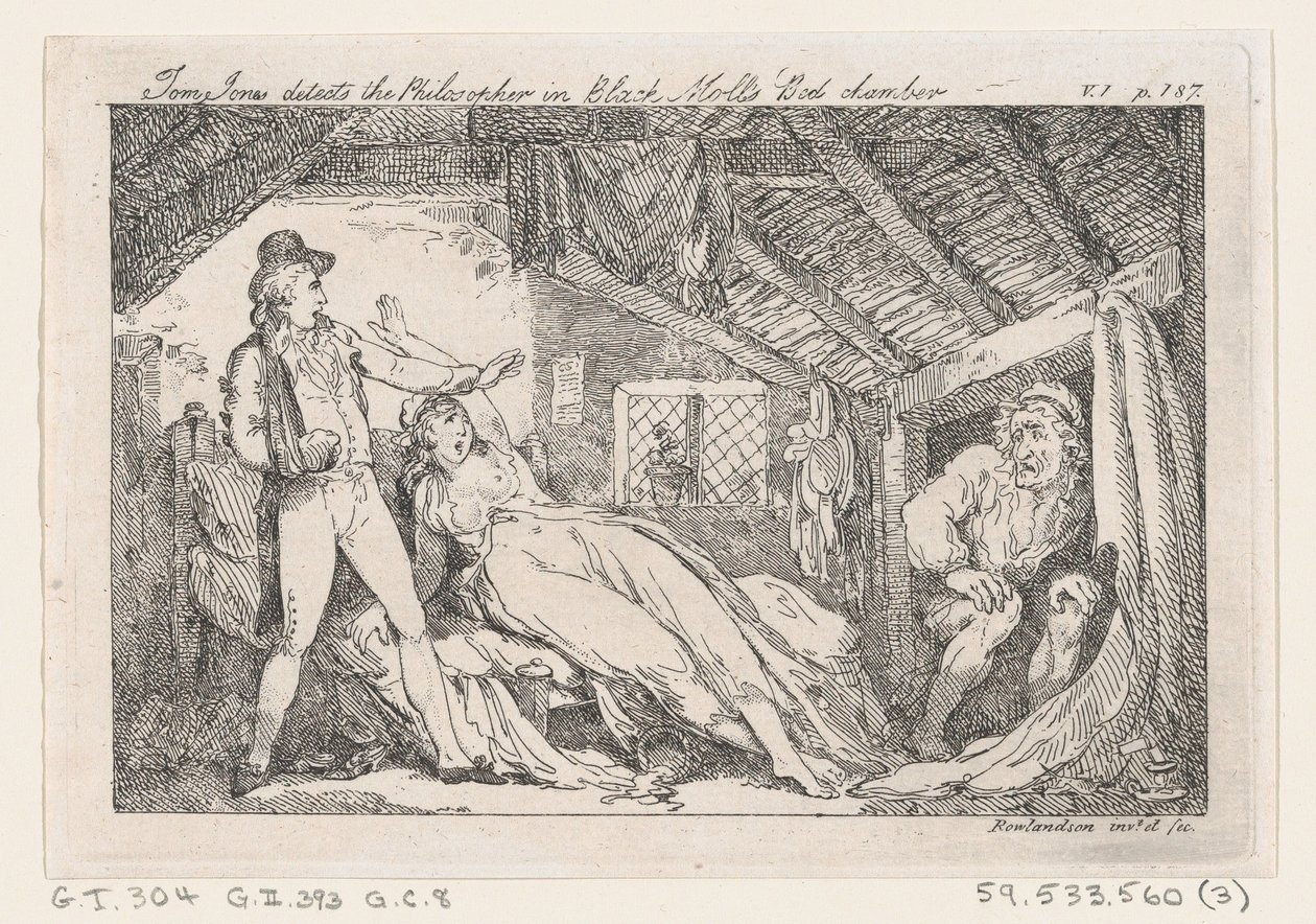 Tom Jones upptäcker filosofen i Black Molls Bedchamber, The History of Tom Jones, en ..., 1792. av Thomas Rowlandson