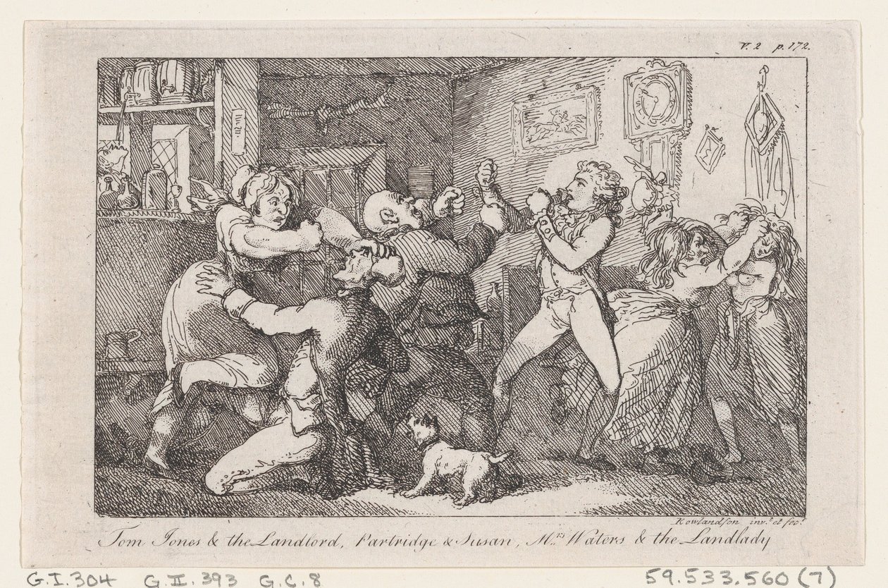 Tom Jones & the Landlord, Partridge & Susan, Mrs Waters & the Landlady, från The History ..., 1792. av Thomas Rowlandson