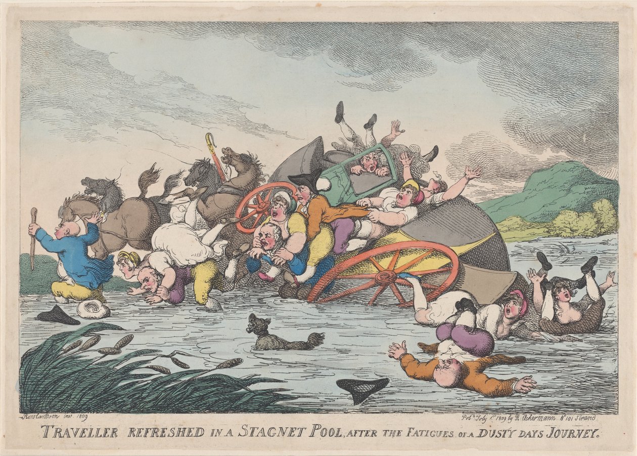 Resenär uppfriskad i en Stagnet [sic] pool, efter tröttheten hos en dammig..., 1 februari 1809. av Thomas Rowlandson