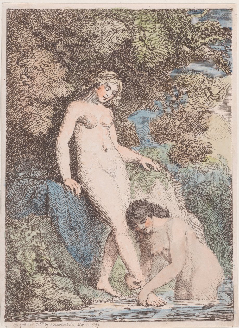 Två nymfer som badar, den ena tvättar den andres fot, 20 maj 1799, 20 maj 1799. av Thomas Rowlandson
