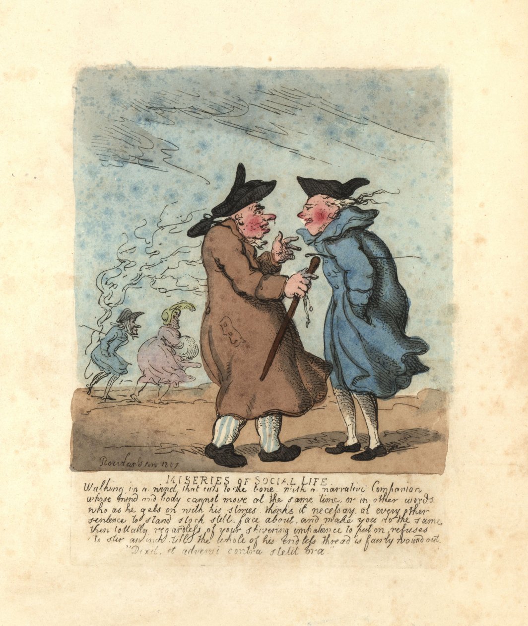Två Regency man stannade för att prata i en isande vind. av Thomas Rowlandson