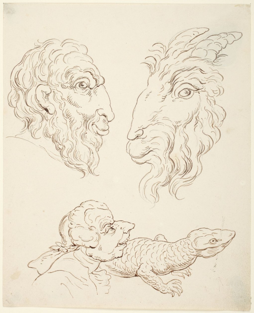 Två karikatyrer: en man och en get, en man och en ödla av Thomas Rowlandson